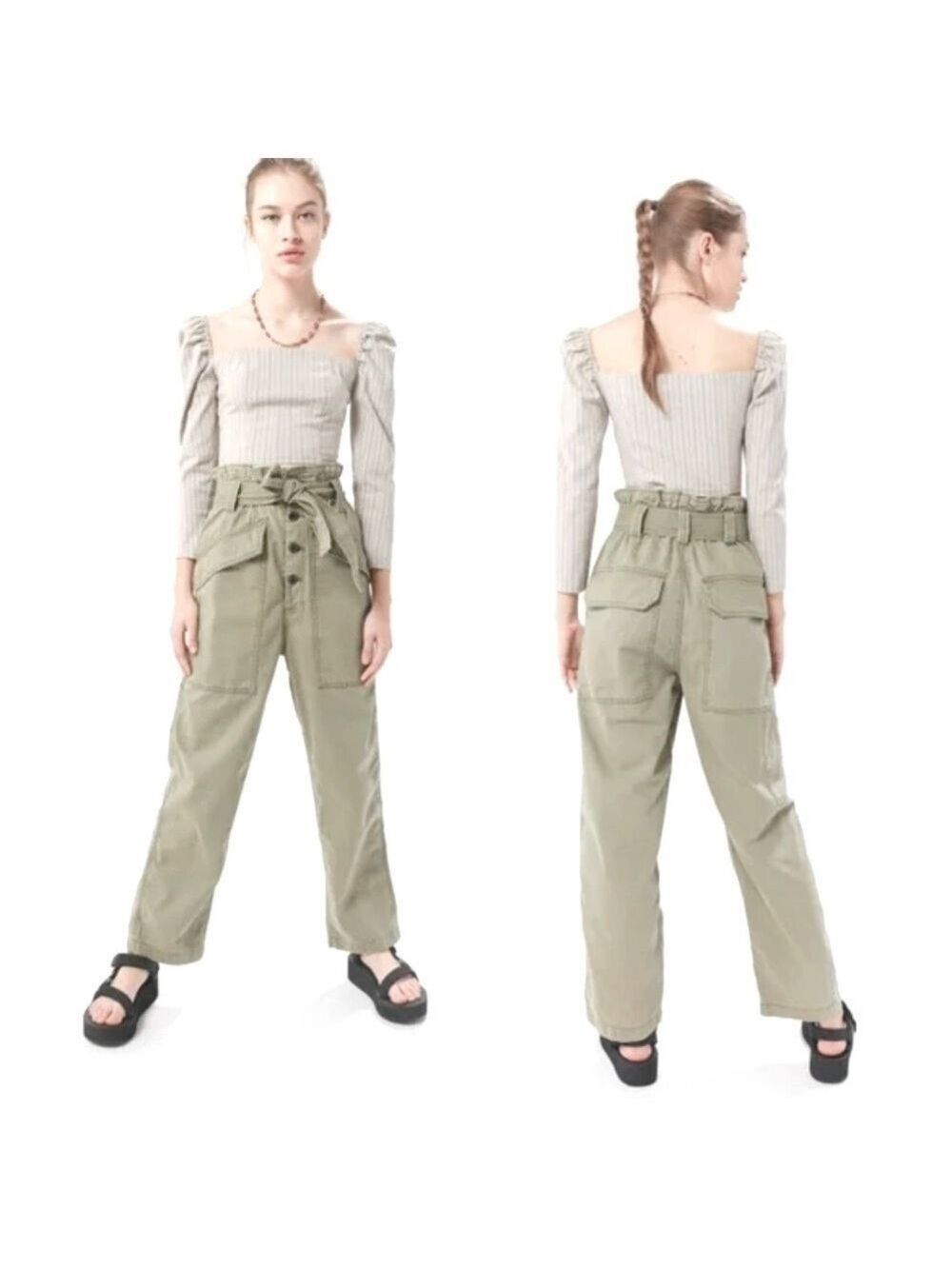 BDG Urban Outfitters Hi-Waist Paper Bag Pants Army Green Wide Baggy Cargo Large